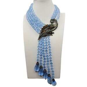 Blue Beaded Tassel Necklace Heidi Daus Swarovski Crystal Leaf Statement Pendant